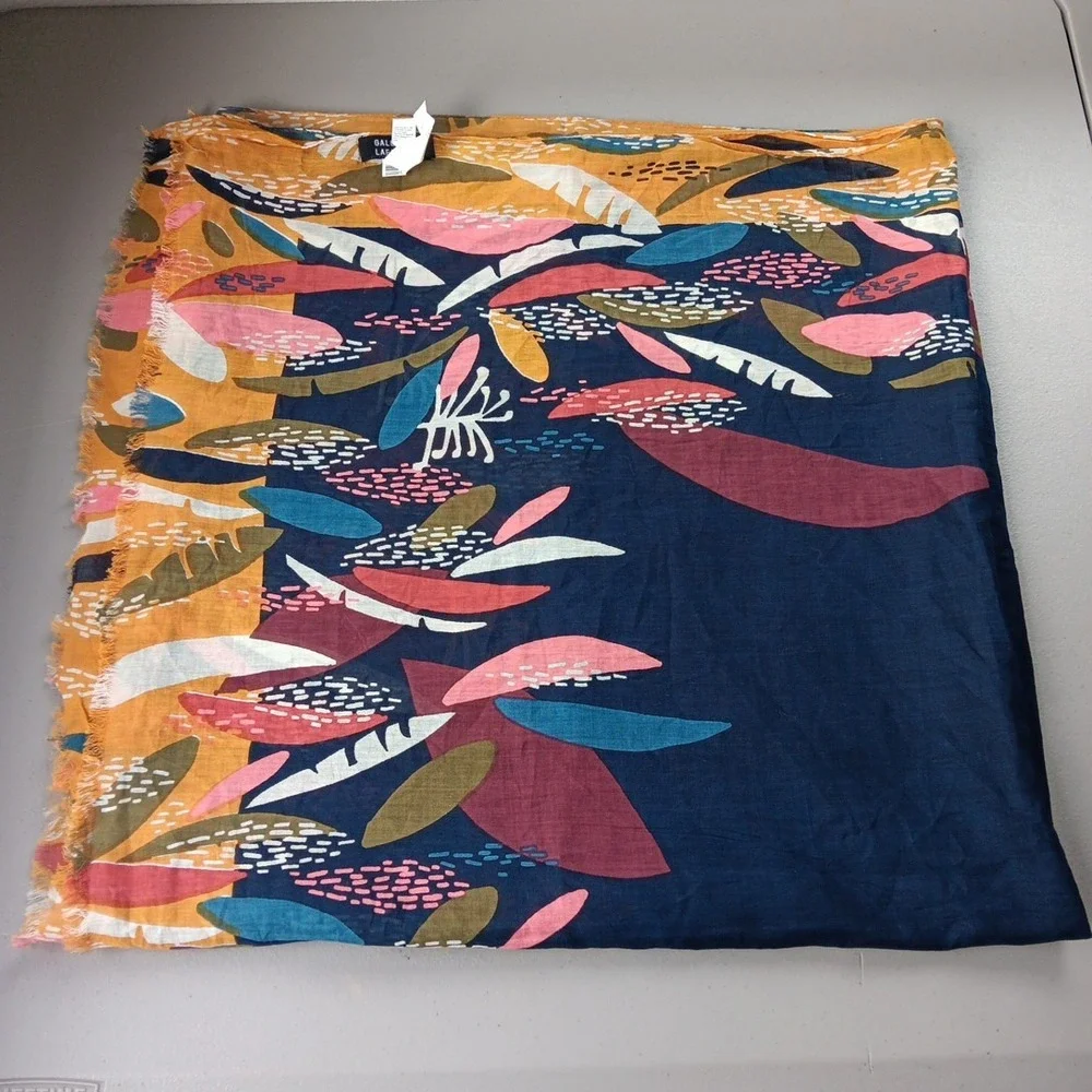 Galeries Lafayette Paris Sheer Scarf Navy Blue Leaf 100% Cotton Fringe Artsy - Picture 6 of 6